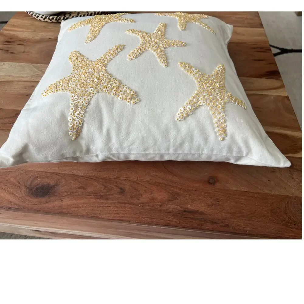 Coastal starfish decorative pillow white linen cover sequined starfish 18